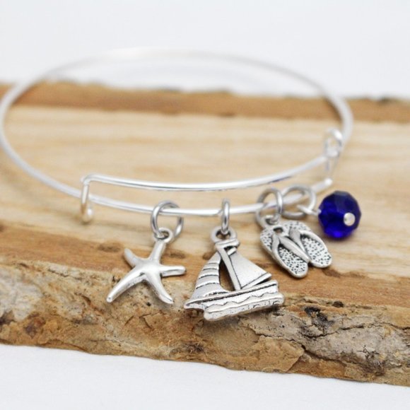 Starfish, Sailboat & Flip Flops Adjustable Charm Bangle - Handcrafted - Picture 4 of 4
